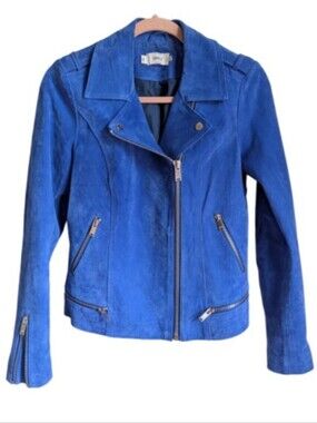 ONLY Electric Blue Suede Leather Bohemian Streetwear Biker Moto Jacket Small